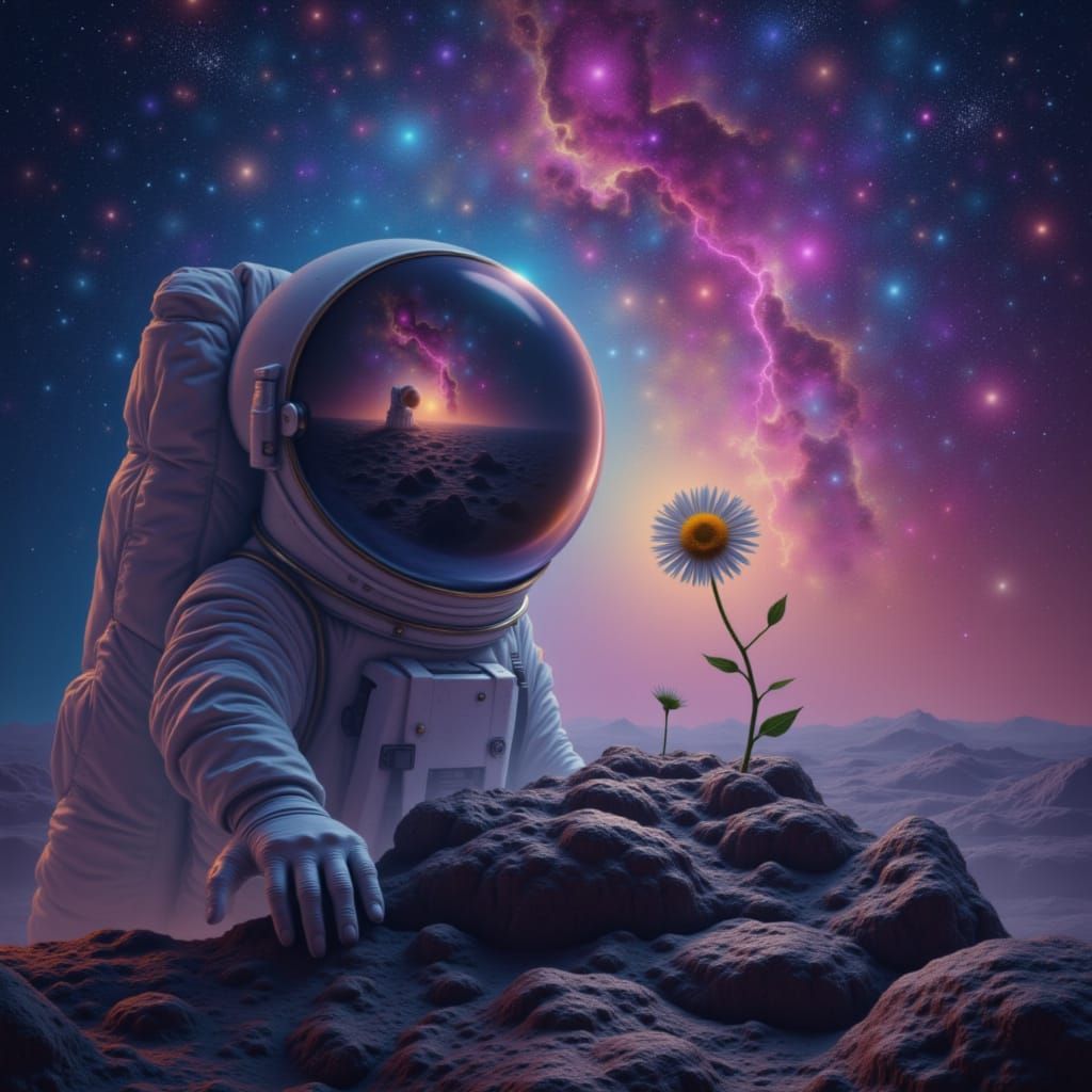 <lora:eyeseesurreal:1.0> A lone astronaut, adrift in the cosmic void, discovers a single, perfectly formed daisy growing from a meteorite. T...