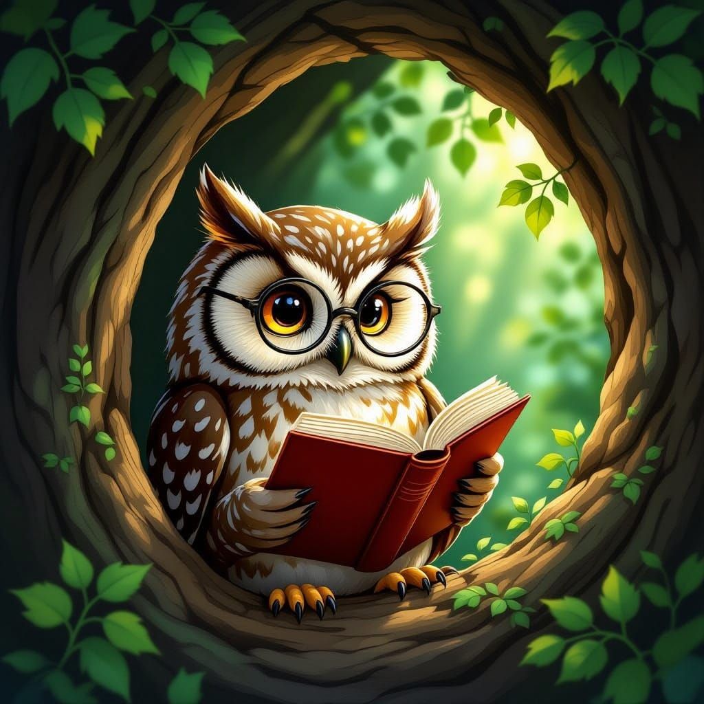 Wise Owl Reading Book in Cozy Tree Hollow