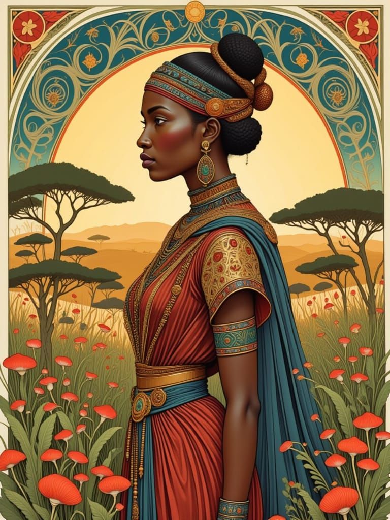 <lora:Bilibin:1.0> A stately African woman, adorned in vibrant, intricately patterned tribal attire, stands tall amidst the golden, sun-kiss...