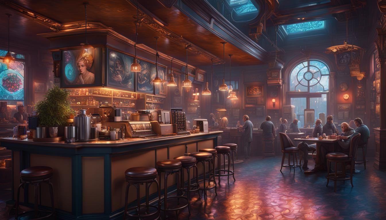 modem day coffeeshop, detailed matte painting, deep color, fantastical ...