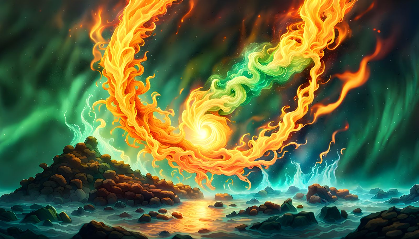 A circle of fire, water, wind, earth and green plasma.