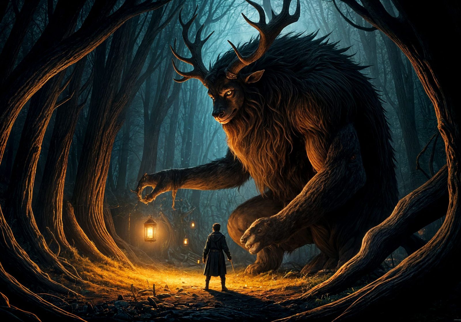 Oil painting. A colossal, shadowy, antlered giant gently lights lanterns for travelers lost in a dark ...  by @Valmont