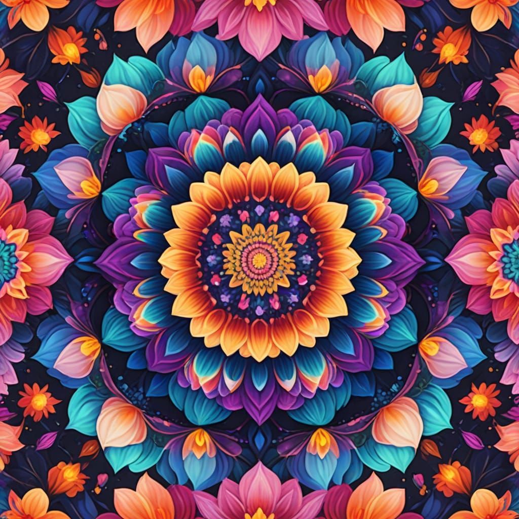Colorful Petal Mandala Floating in Cosmic Glow