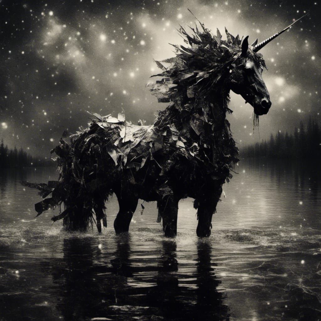 <lora:DarkMedia:1.0>A dark unicorn but made out of Crystal , rising from a mystical cloudy lake, high detail , textured paper 