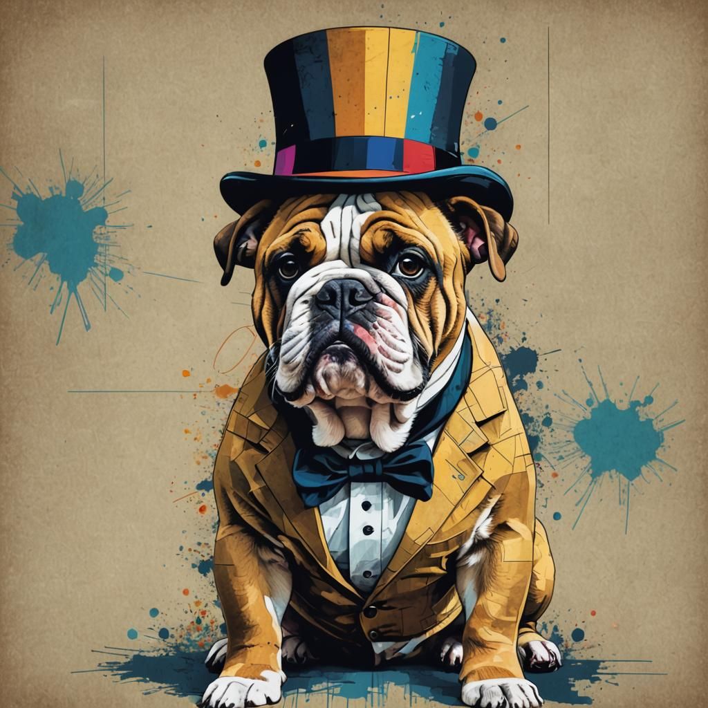 english bulldog with a top hat and a suit on