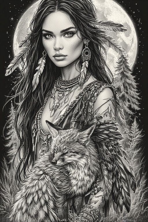 A double silhouette of a native American female shaman with ...