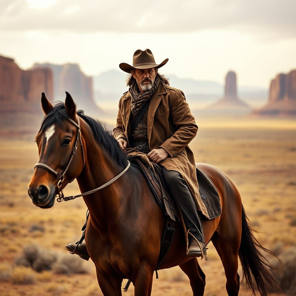 Weathered Cowboy Rides Majestic Horse Across Cinematic Plain...