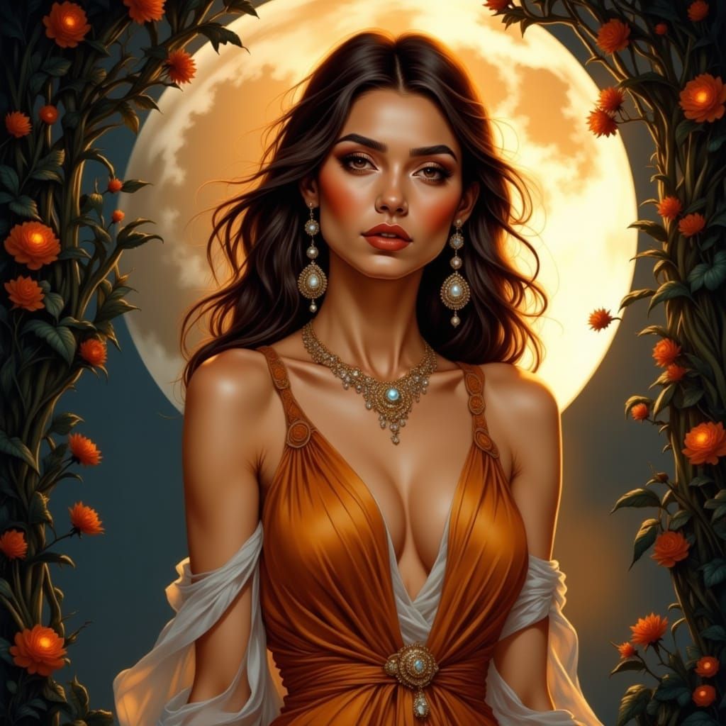 Ethereal Goddess Steps into Moonlit Night in Vibrant Colors