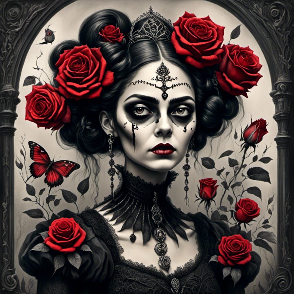 Gothic Frida Kahlo Portrait in Tim Burton Style