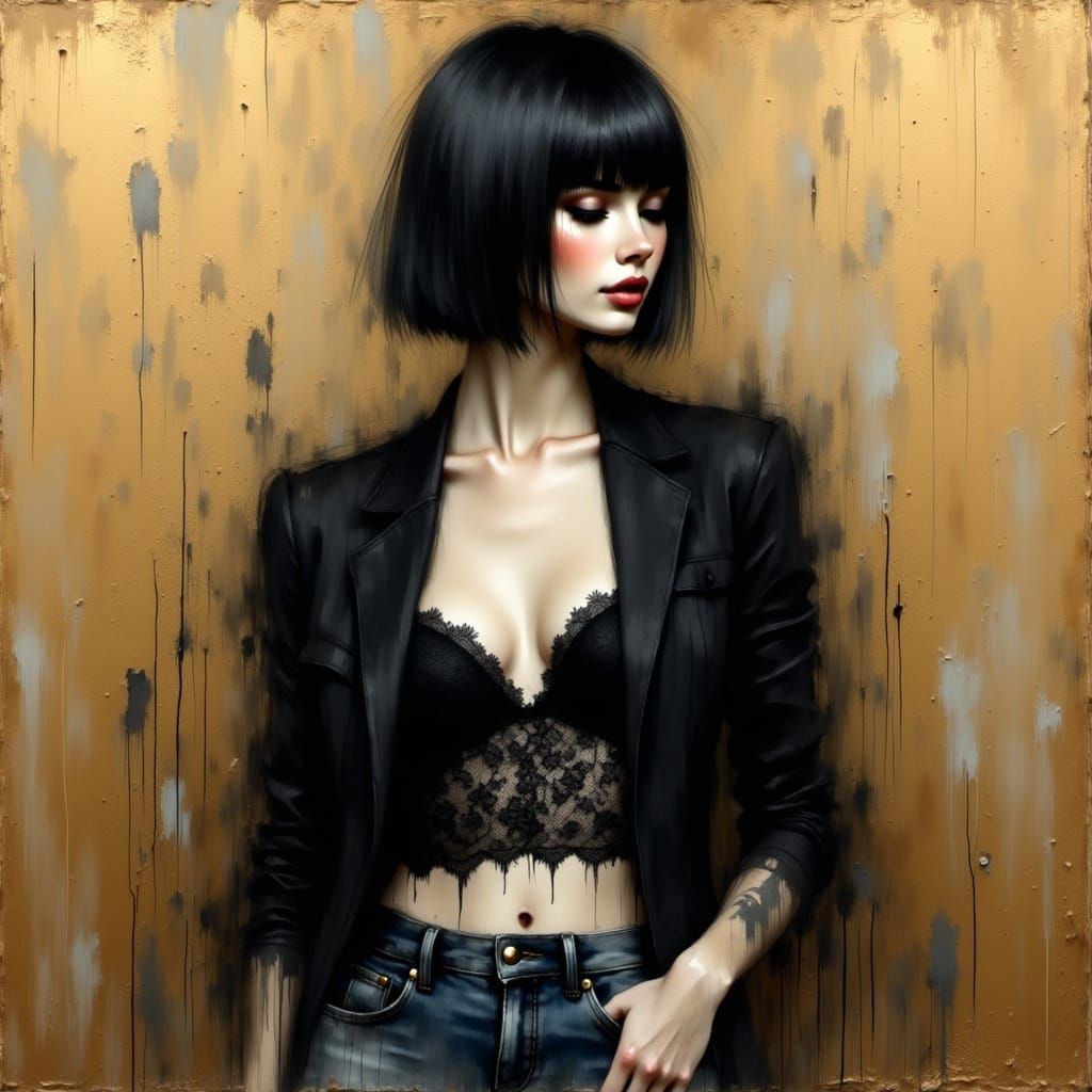 oil painting black straight bobcut hair, pale skin, black silk jacket reveiling black lace, denim shorts, impasto gold background, Henry Ase...