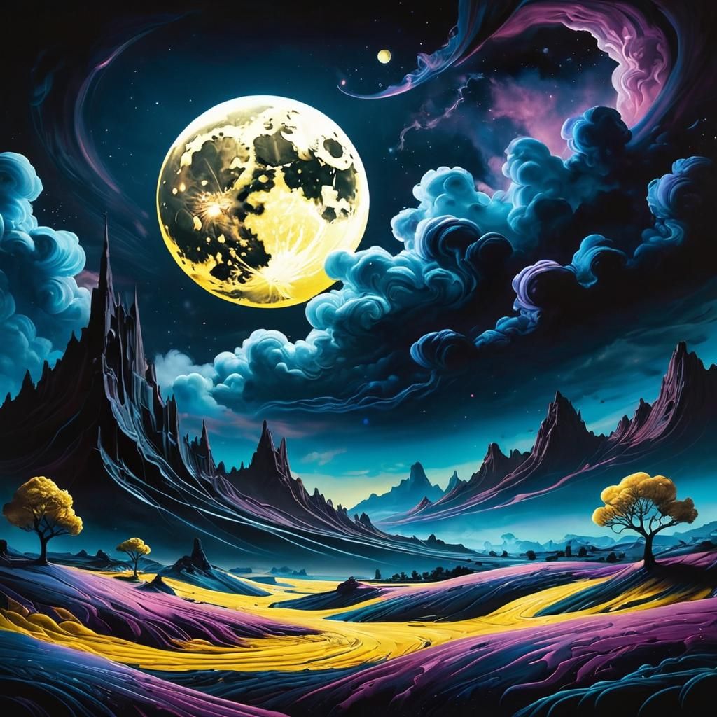 "Create a surreal, dreamlike scene in a cosmic landscape: a large, embossed moon gently rising from the sky. Dark clouds swirl with deep yel...