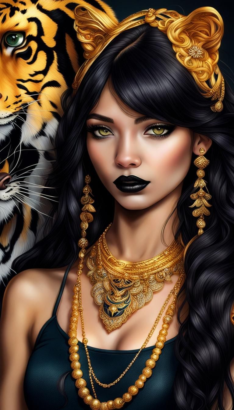 Goddess, vibrant, beautiful black long haired girl, petite, ...