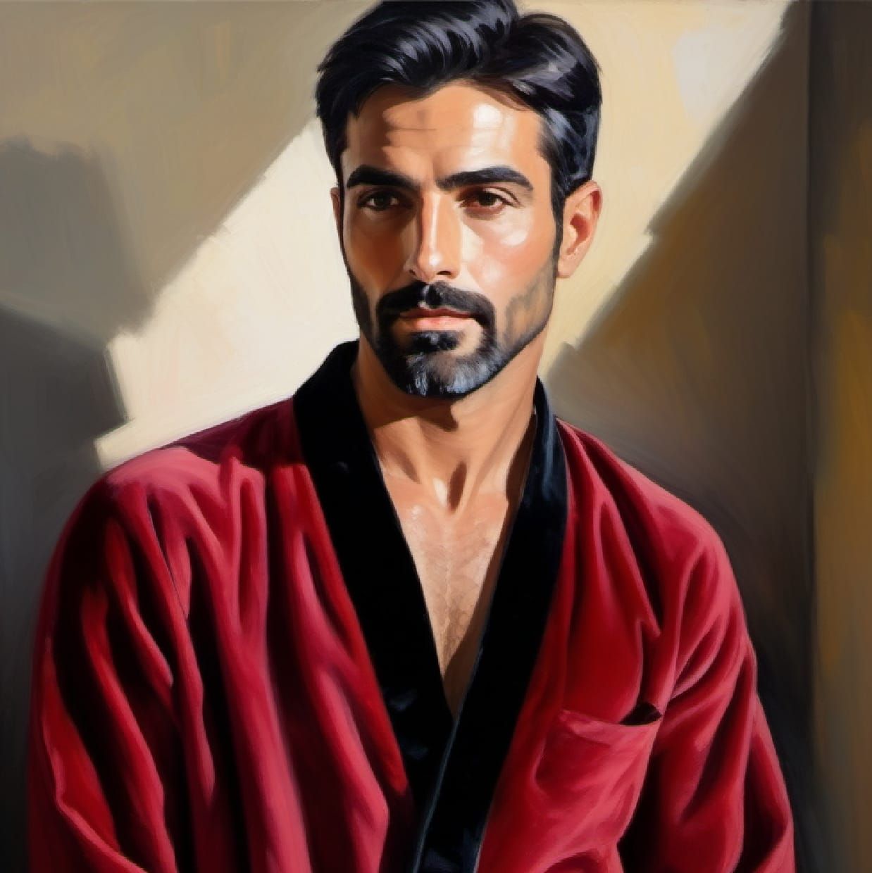 A handsome man  wearing a    red      velours   bathrobe wit...
