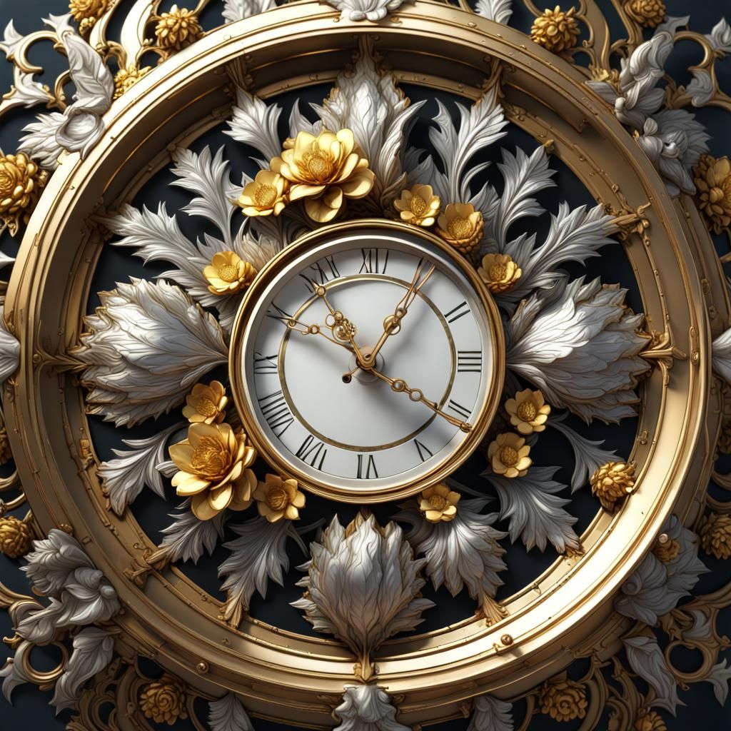 Gold and silver clock with many gold and silver metal medium...