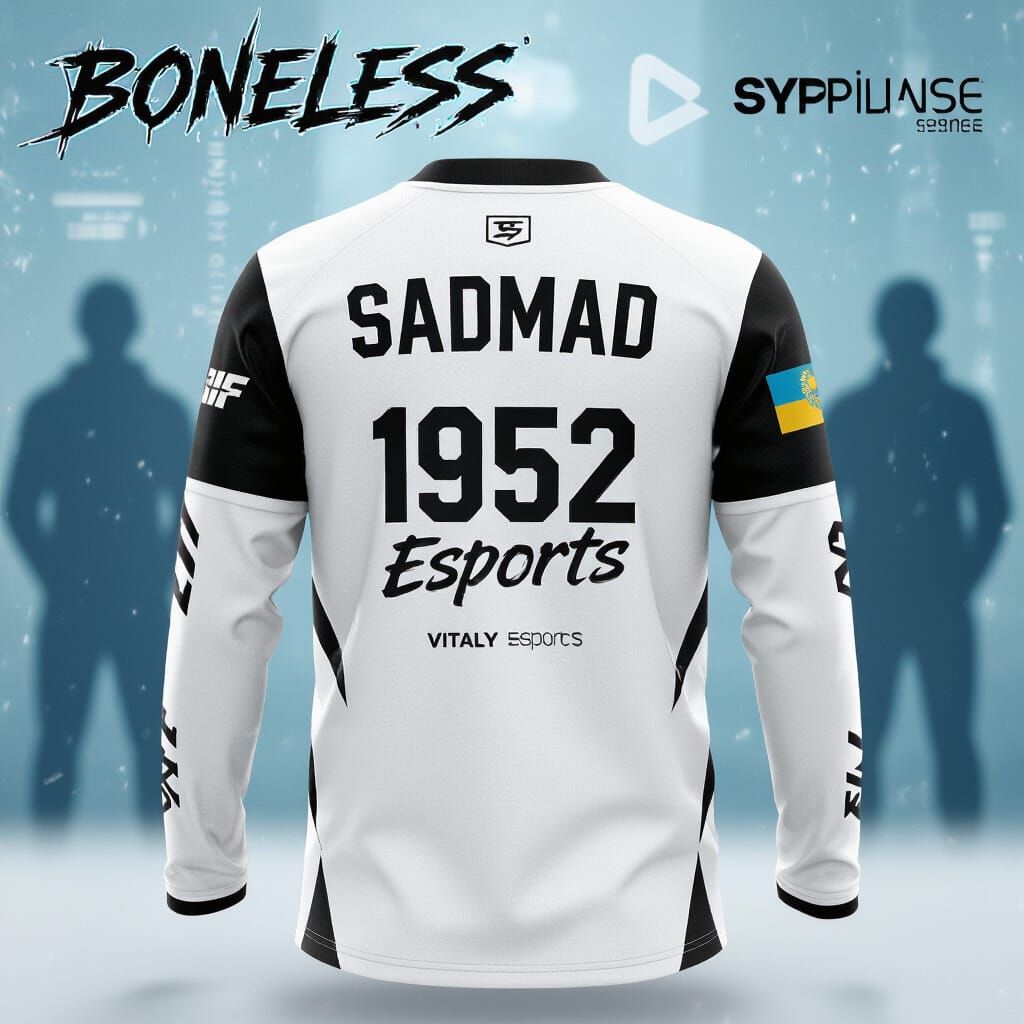 lCreate a high-quality digital image of the back side of an esports jersey. The jersey is mainly white with black accents on the sleeves. Th...