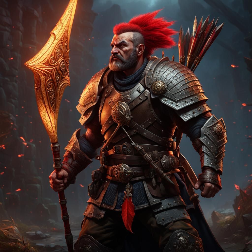 A experienced dwarfen fighter with two battleaxes and a red mohawk with a arrow sticking out of it  by @undefined