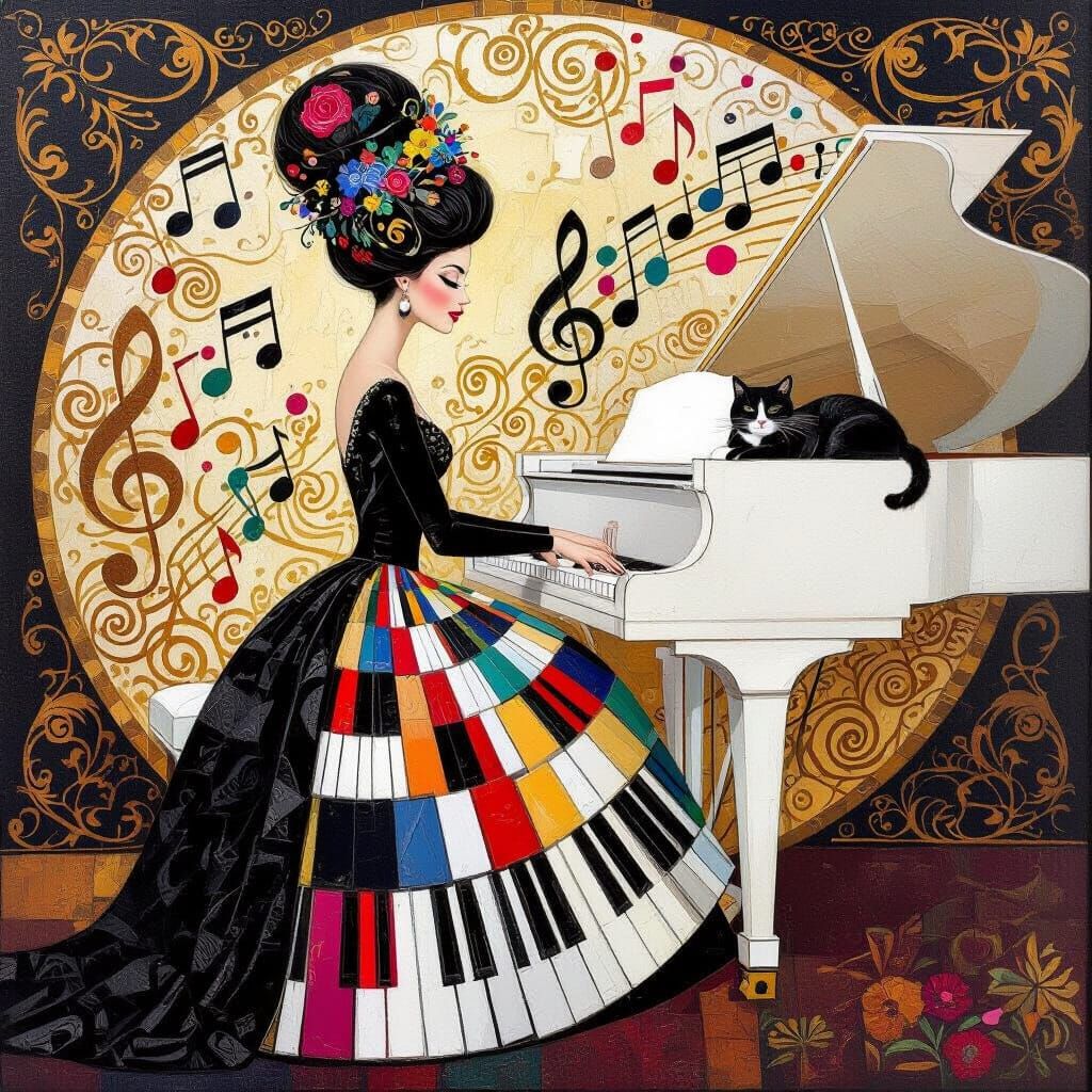 A whimsical oil painting featuring a woman with a festive hairstyle wearing a long black dress paired ...  by @spoomante