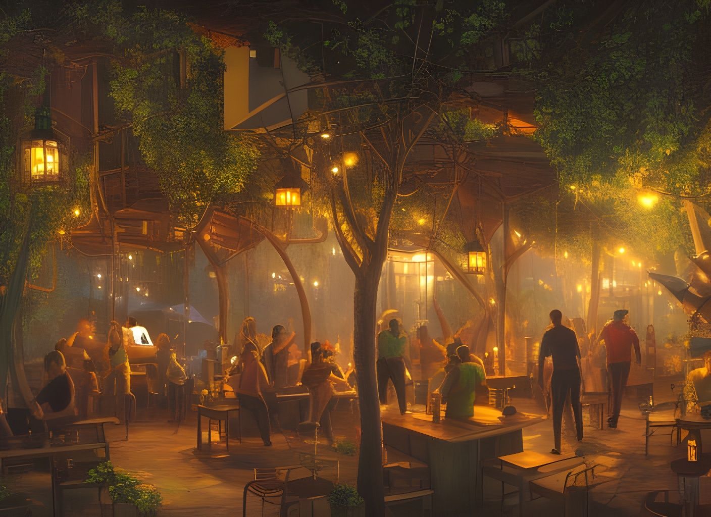 open-air bar in key west, futuristic science fiction, evening, style of butirskiy, science fiction, style ...  by @gughunter