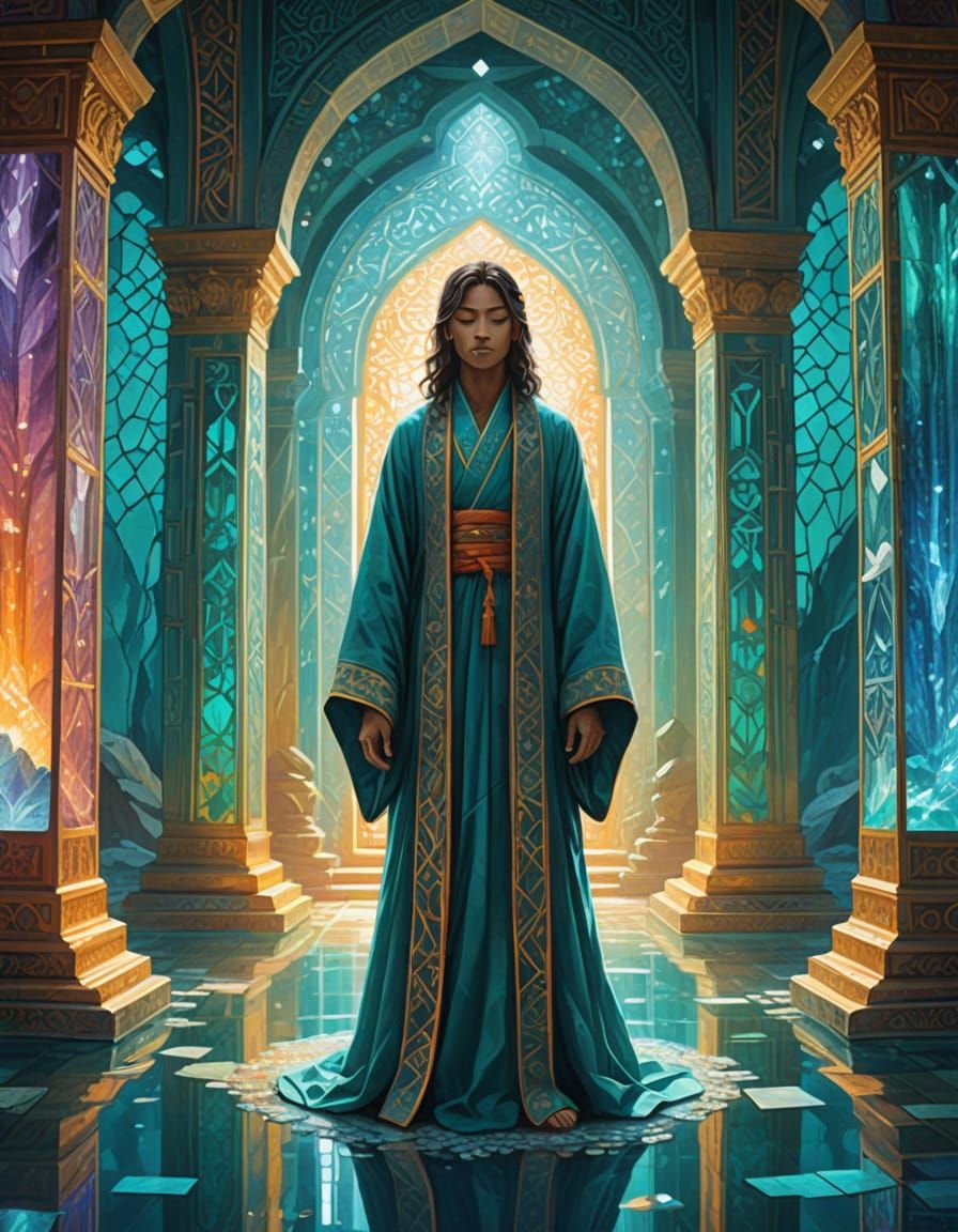 Inside a grand Lemurian crystal temple shaped like a lotus blossom, walls of translucent crystal shimmer with inner light, casting rainbow r...