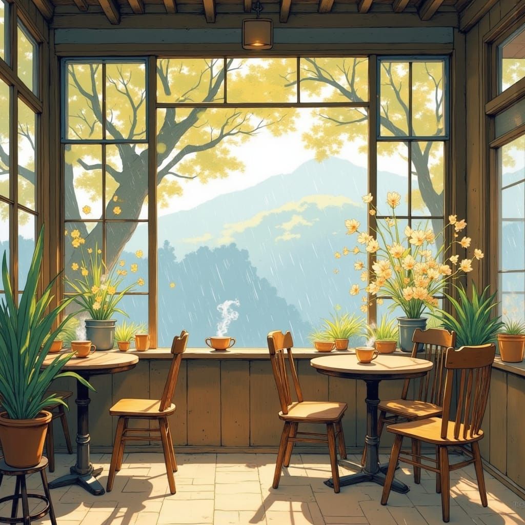 Cozy Japanese Cafe on Rainy Spring Day
