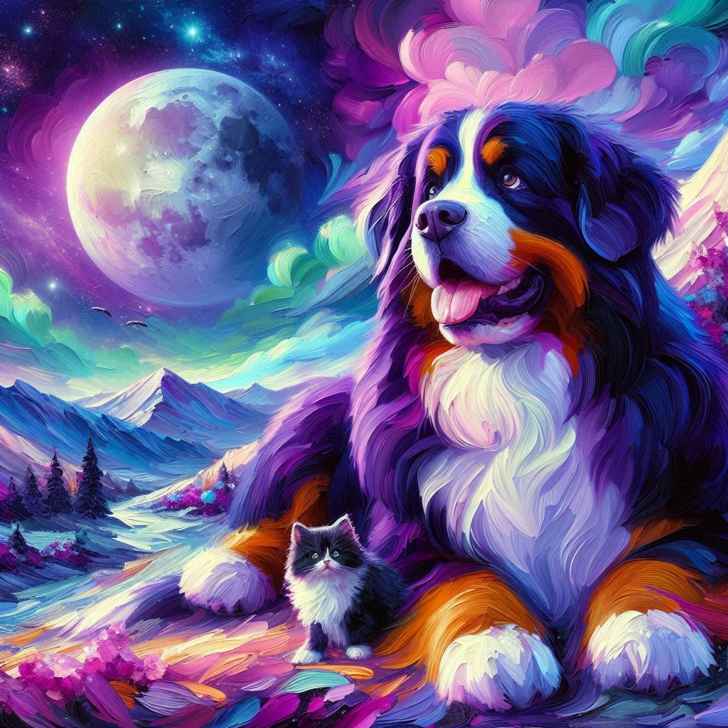 Bernese mountain dog and a kitten