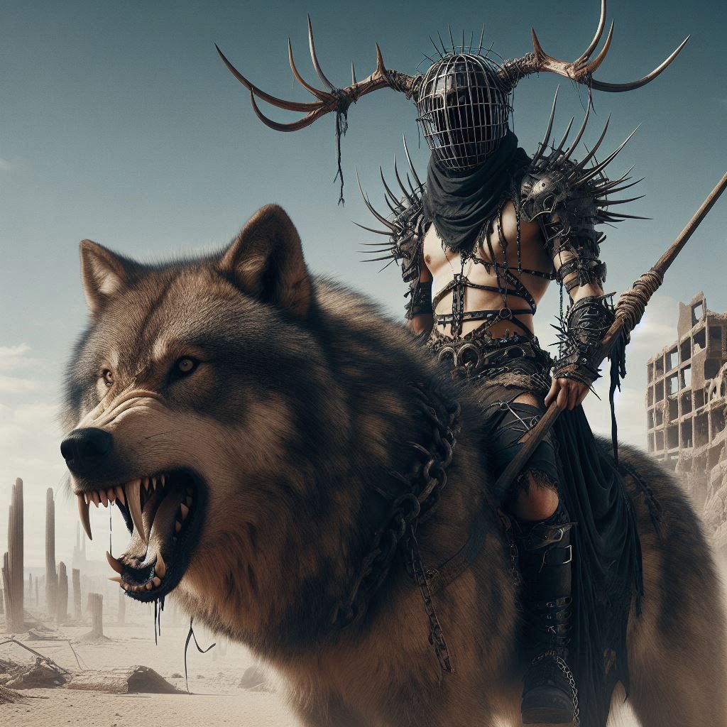 Wasteland antler horned human warrior riding mutant wolf bea...