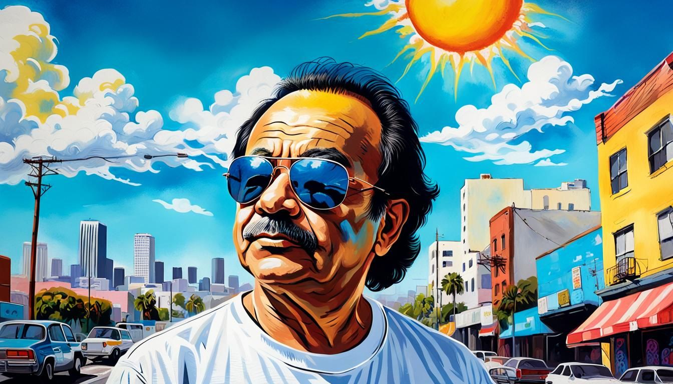 CHEECH MARIN WEARING SUNGLASSES, WHITE TEE SHIRT , BRIGHT SU...
