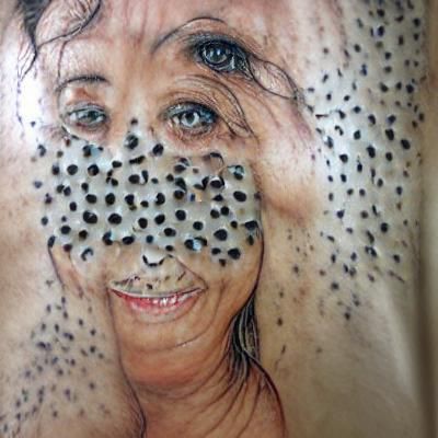 Highly detailed portrait of a woman covered in hundreds of h...