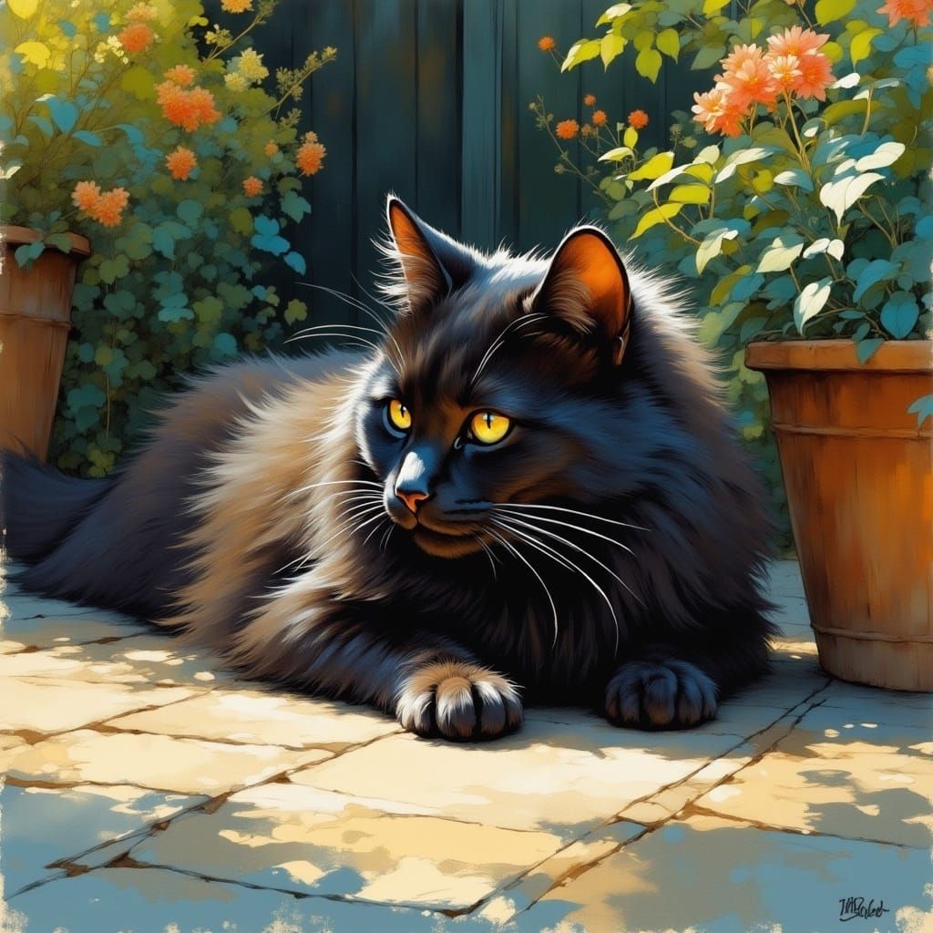 Watercolor painting, fluffy black cat sleeping in the sun on a patio garden, sharp focus, dark garden background, sunlight and shadows <lora...