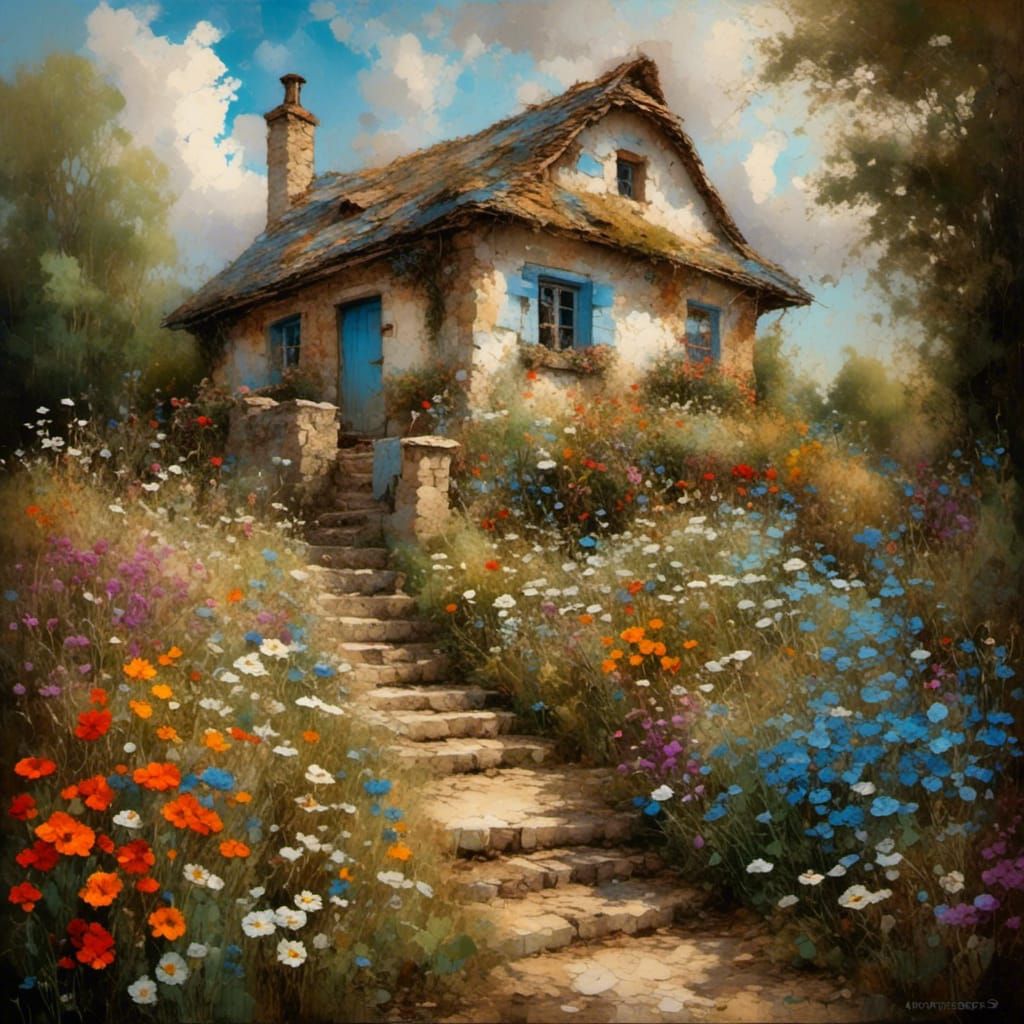  <lora:Filigree Oils:1.0> woodland cottage, set amide wildflowers, blue sky cumulus nimbus clouds