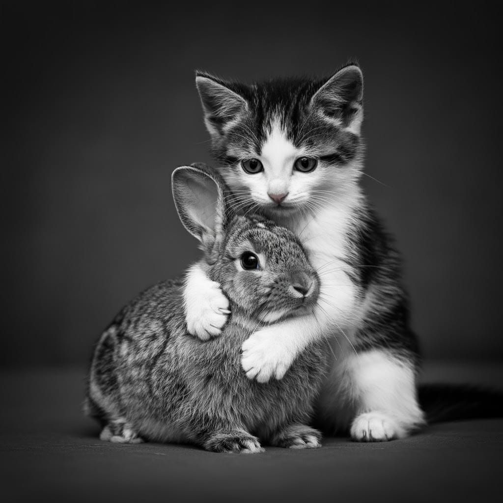 Whimsical Kitten and Rabbit Embracing in Monochromatic Harmo...