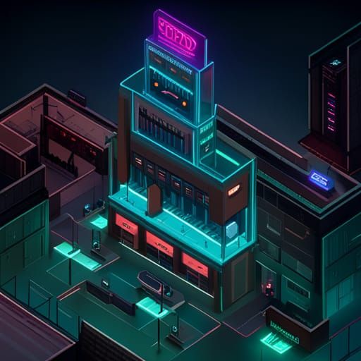 Top down isometric Cyberpunk building at Night