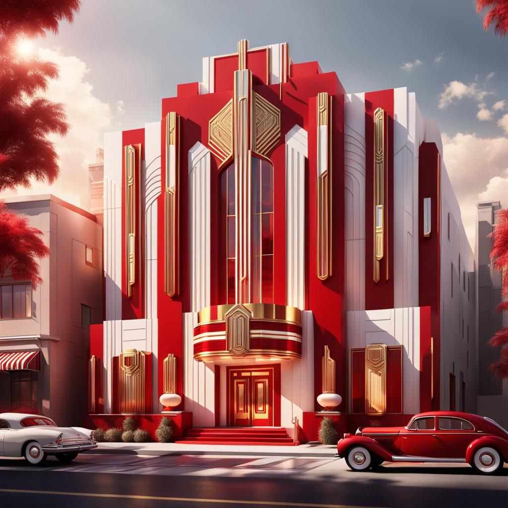 A sleek 2 story building exterior all red and white featuring geometric shapes, bold lines, and luxurious ...  by @Bonzo