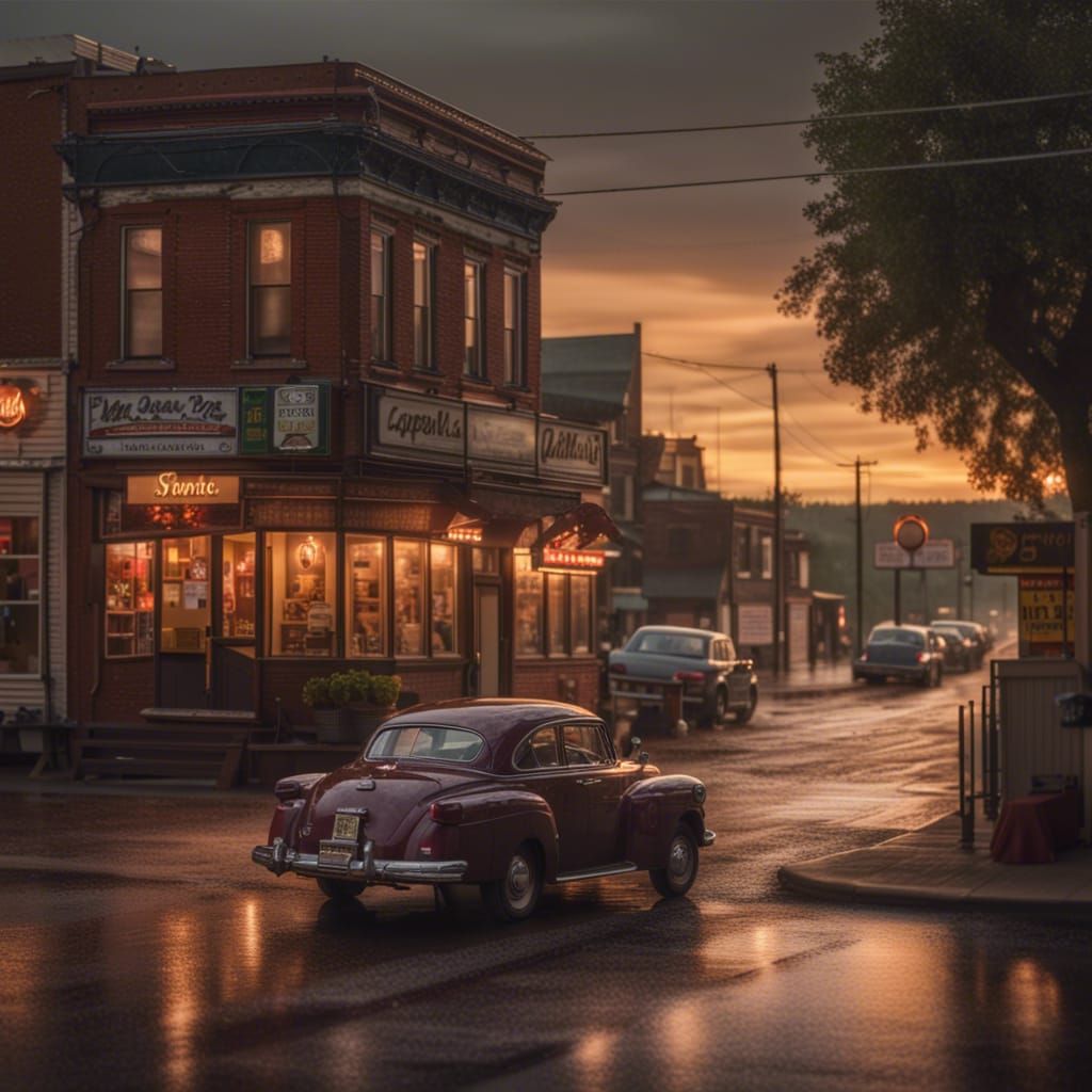 Nostaligic Car dirivng down a cozy street in a small town