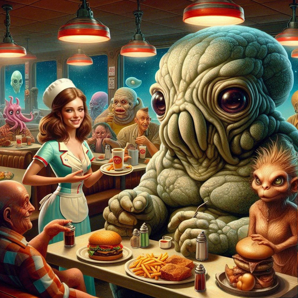 Alien Diner, Style of Frank Frazzetta and Alex Ross