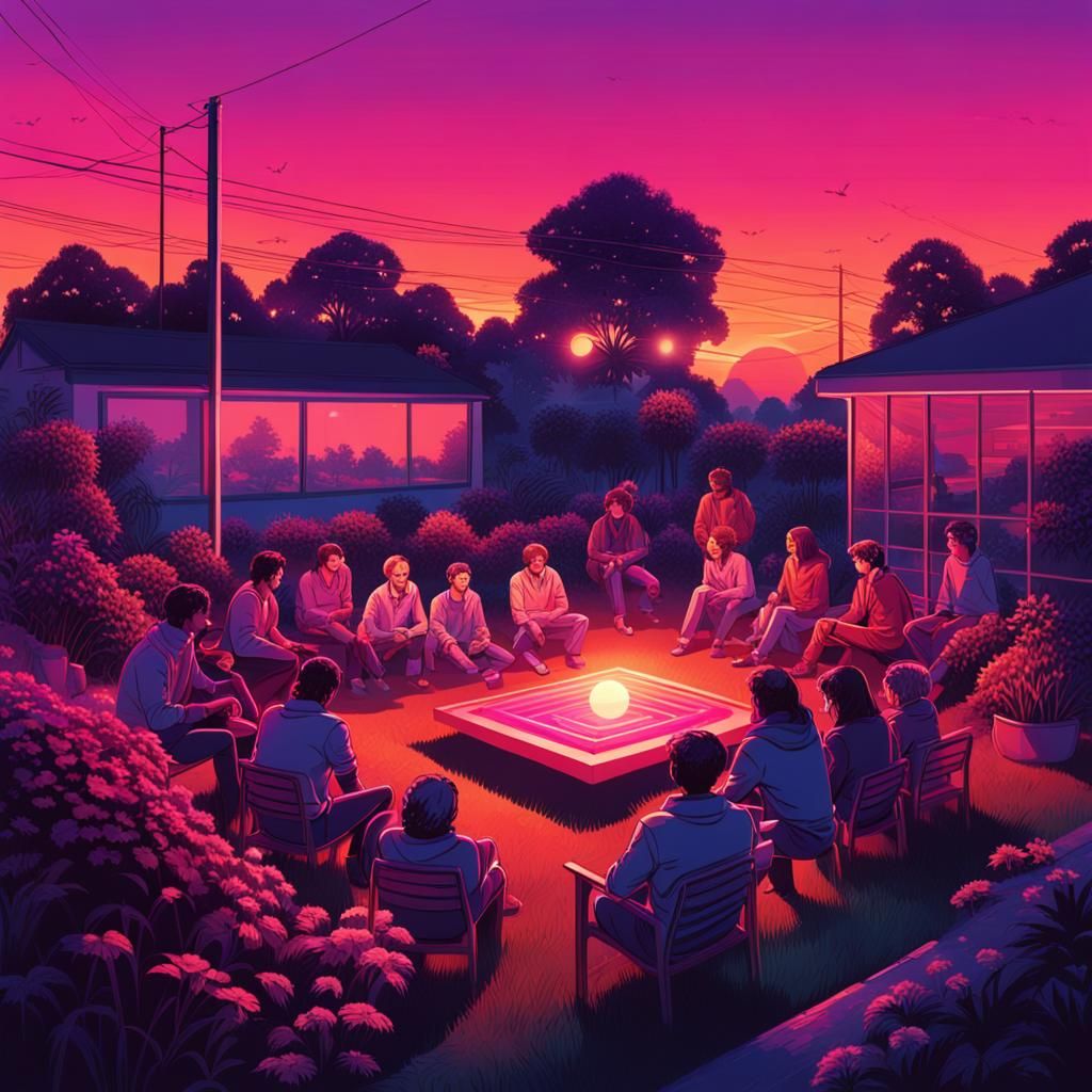 A group of 10 people sitting in a garden. The sun is going d...
