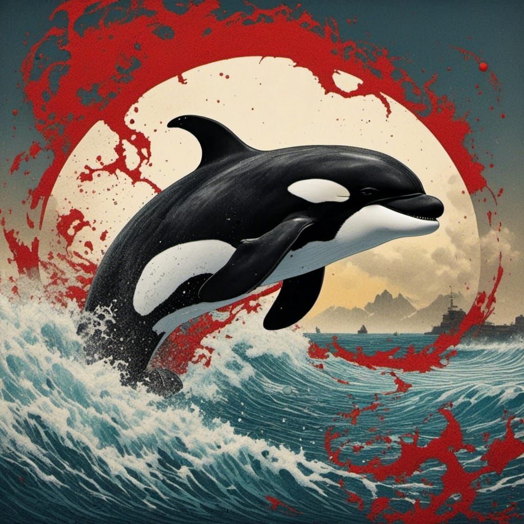 <lora:Ravens Sun:1.0> Killer whale on a tidal wave 