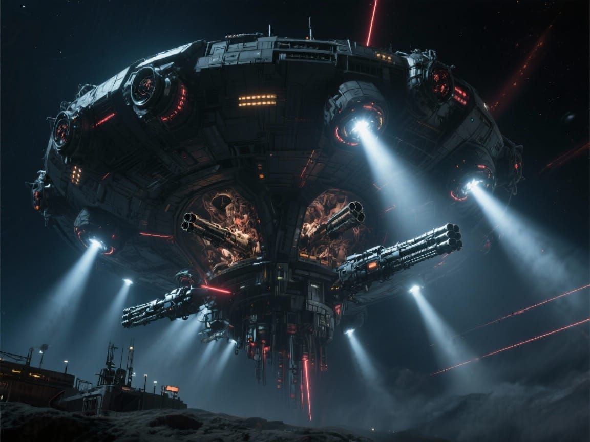 The mother ship lights up with bright and ominous dread