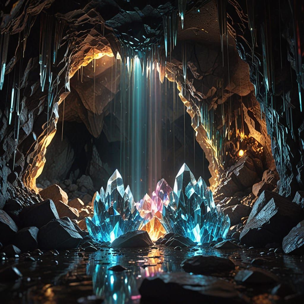 A cave made of crystal prisms with rays of light decomposing in rainbow colors, intricate details, HDR, ...  by @Tildar