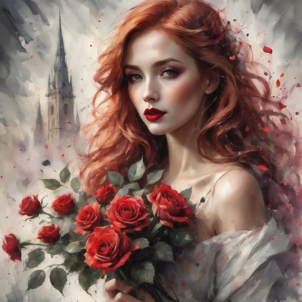 an attractive and elegant woman with long blonde hair and red lipstick, and a bunch of roses in her hand