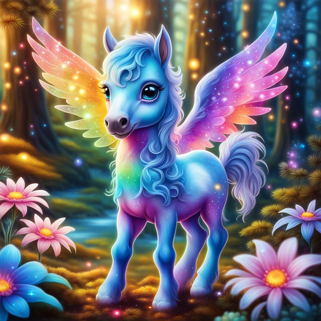 Chibi baby pegasus with perfect rainbow wings in mystical forest - AI ...