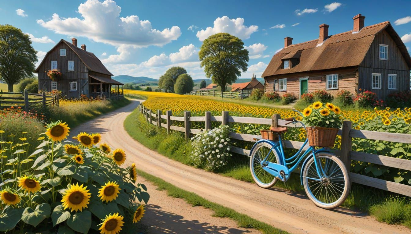 A charming countryside road lined with blooming sunflowers on a sunny afternoon. The sky is a vivid blue ...  by @Athanasius