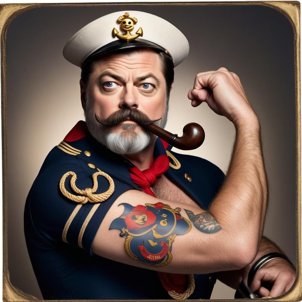 Nick Offerman with a robust mustache, dressed as a classic c...