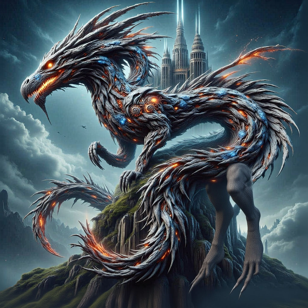 <lora:Terra Flux:1.0> <lora:FiosEnchantedEnts:1.0> <lora:-Atrocity-:1.0> <lora:-Omnious-:1.0> A fantastical dragon, scales like polished chr...