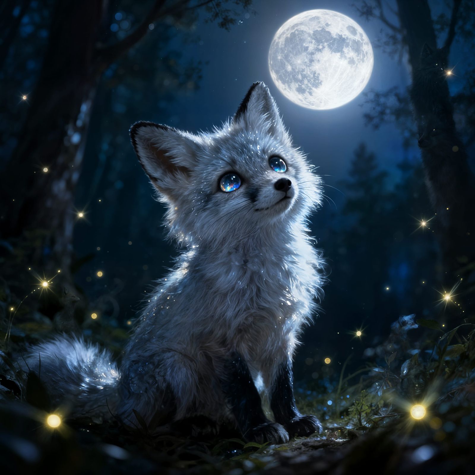 A stunning masterpiece of a small, fluffy fox sitting under the moonlight in an enchanted forest. The ...  by @Horse-T
