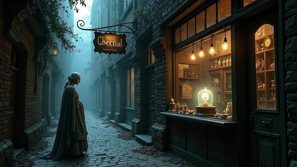 A narrow, shadowy alley lined with crumbling brick buildings, leading to a hidden antique shop. The shop’s windows are covered in thick dust...