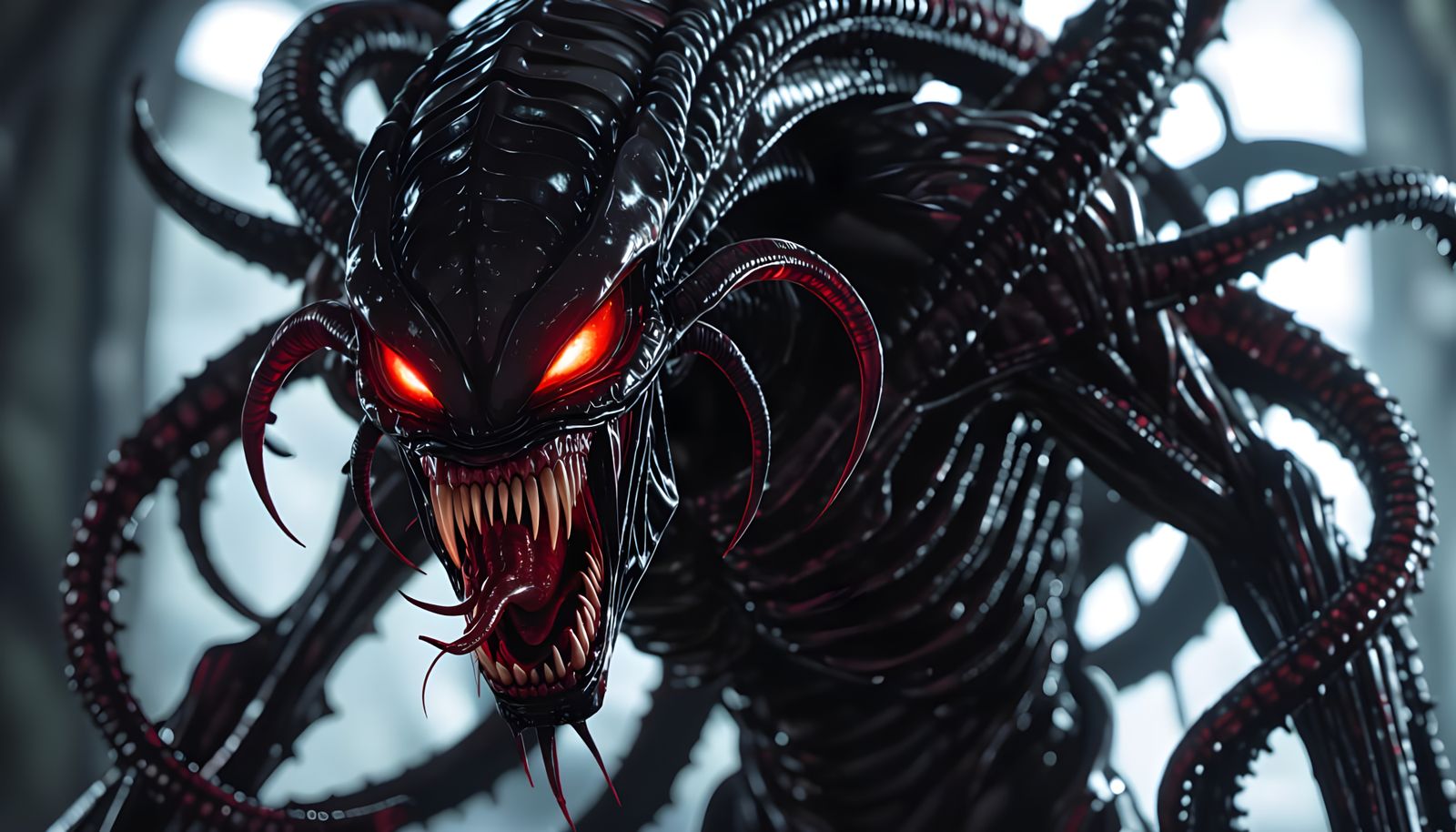 demonic xenomorph with long cruel tusks and glowing red eyes venom cthulhu predator kraken