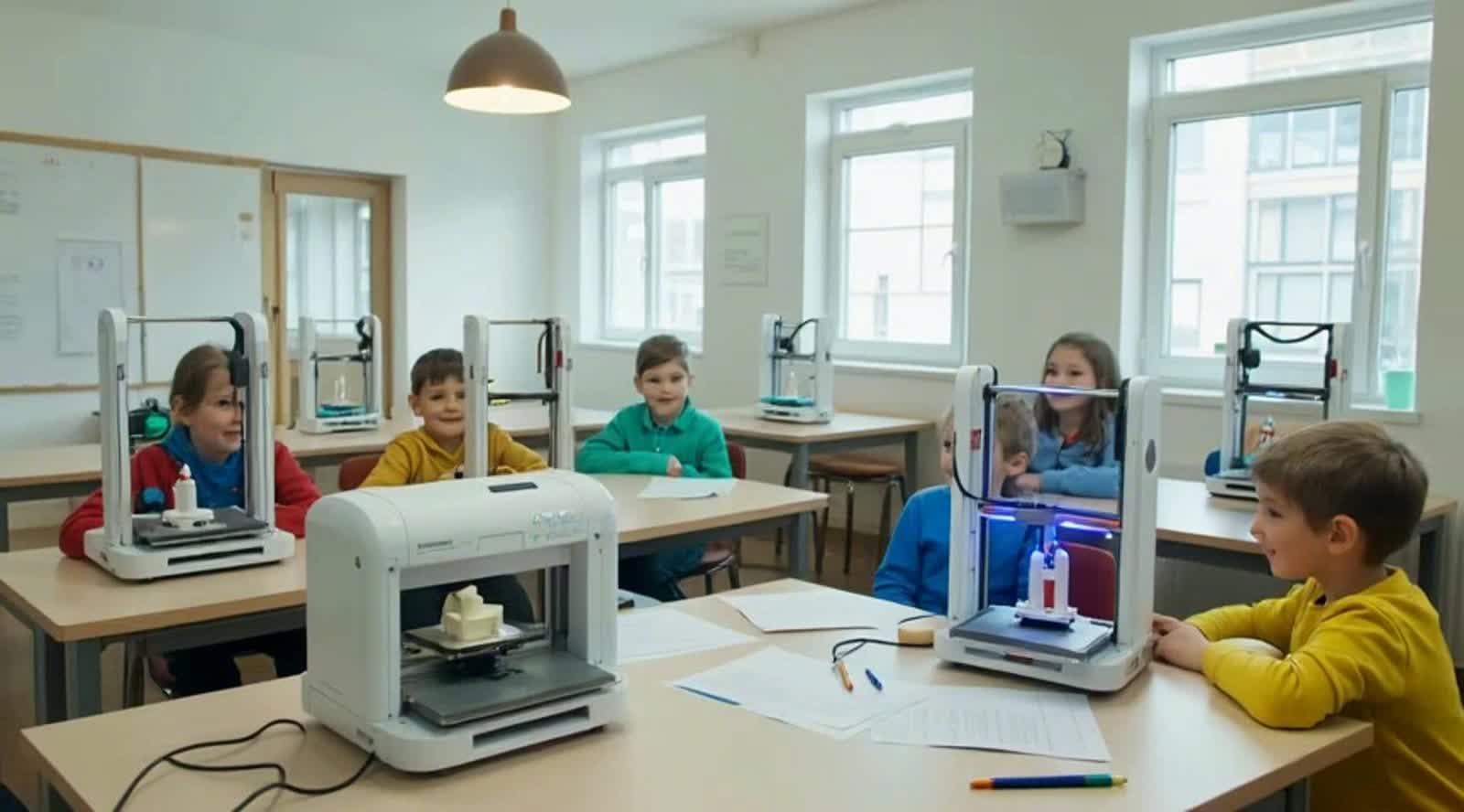 A képen látható fehér színű 3D nyomtatót használd fel egy   rövid videóban ahol 8 db ilyen nyomtató szerepel egy osztály...