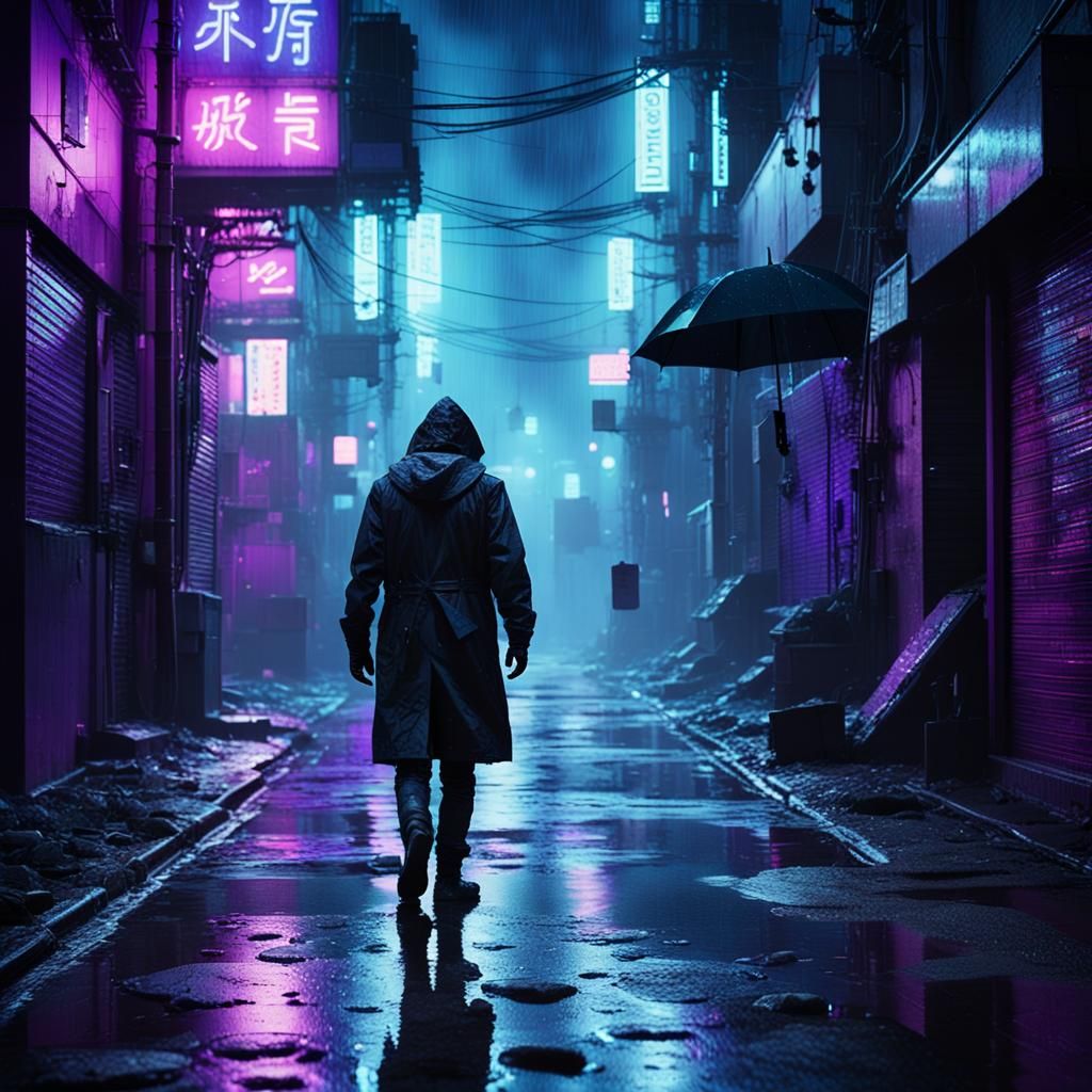 Cyberpunk sci-fi protagonist. Medium shot. Walks alone in a ...