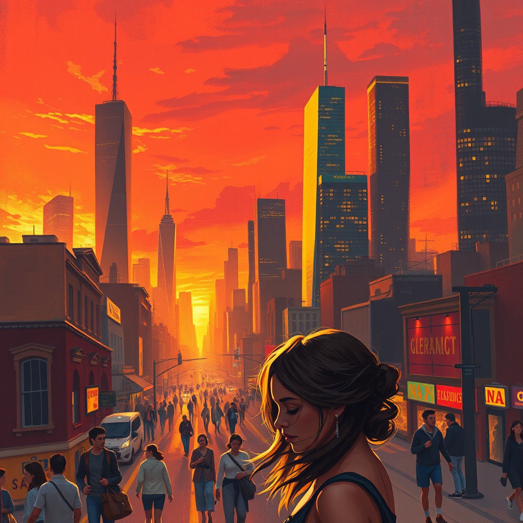 Crimson Cityscape at Dusk in Impressionistic Style